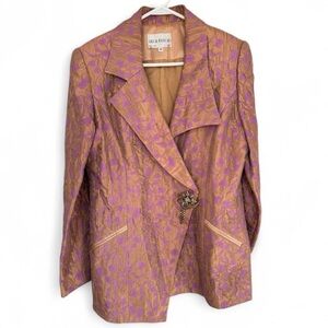 Lily & Taylor brown/purple pink gold embroidered floral blazer w/ crystal brooch